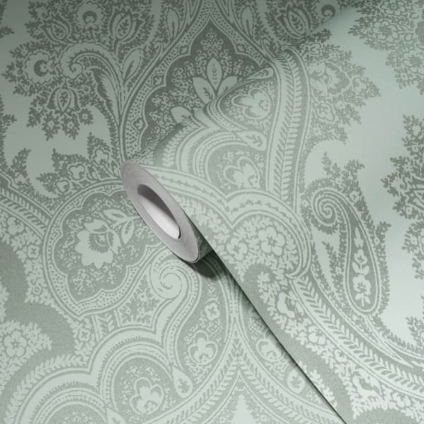 Non woven-tapet paisley Profhome 387081-GU slät glittrande mönster matt bakgrund färg grön silver mint grön 5,33 m2