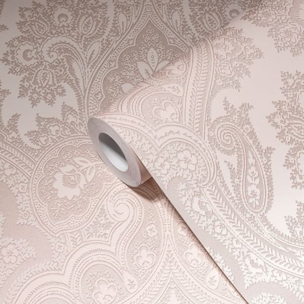Non woven-tapet paisley Profhome 387083-GU slät glittrande mönster matt bakgrund färg rosa pärla rosa 5,33 m2