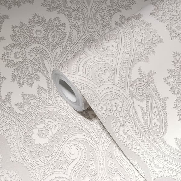 Non woven-tapet paisley Profhome 387084-GU slät glittrande mönster matt bakgrund färg grå pärla ljus grå 5,33 m2