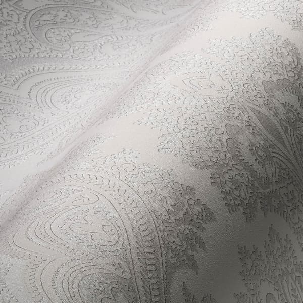 Non woven-tapet paisley Profhome 387084-GU slät glittrande mönster matt bakgrund färg grå pärla ljus grå 5,33 m2