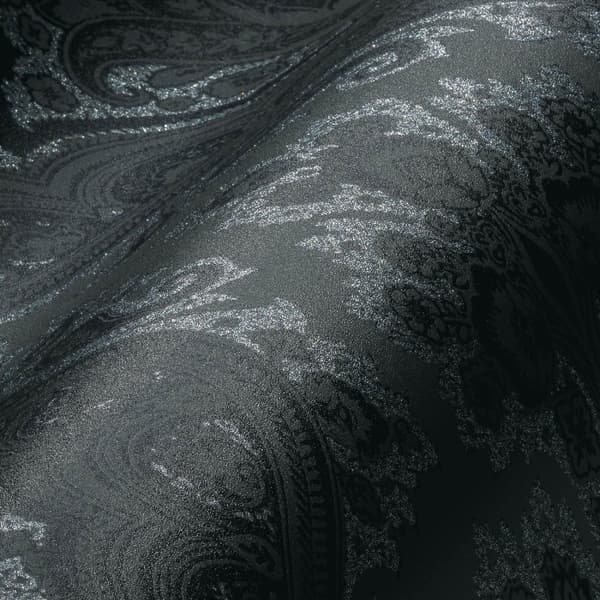 Non woven-tapet paisley Profhome 387085-GU slät glittrande mönster matt bakgrund färg svart mörkgrå guld 5,33 m2