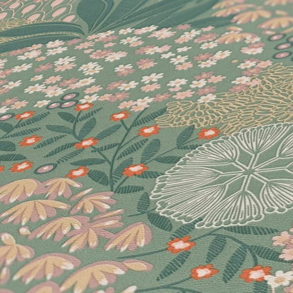 Non woven-tapet blomster Profhome 387401-GU lätt texturerad matt färg grön gul orange 5,33 m2