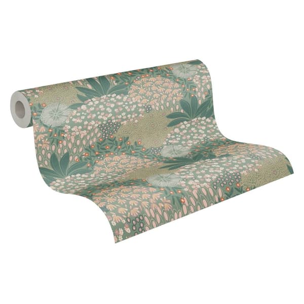 Non woven-tapet blomster Profhome 387401-GU lätt texturerad matt färg grön gul orange 5,33 m2