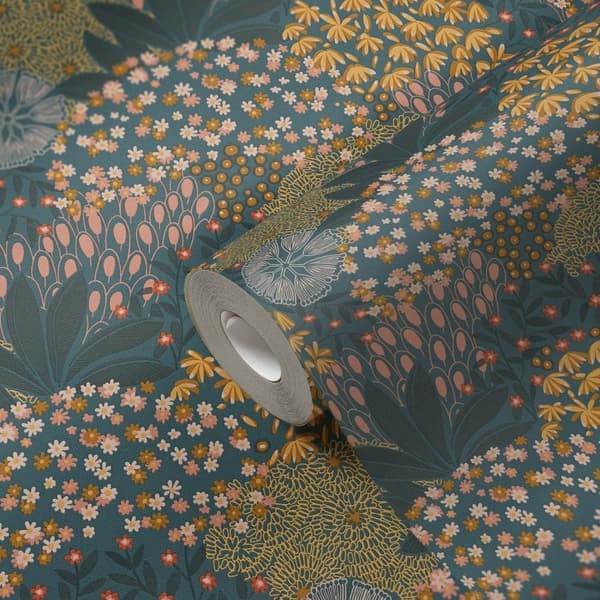 Non woven-tapet blomster Profhome 387404-GU lätt texturerad matt färg turkos teal gul rosa 5,33 m2