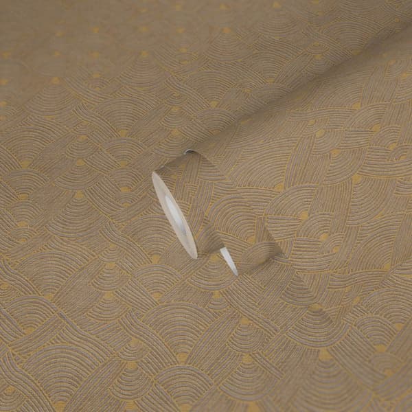 Non woven-tapet grafisk Profhome 387422-GU lätt texturerad matt färg brun guld gul beige 5,33 m2
