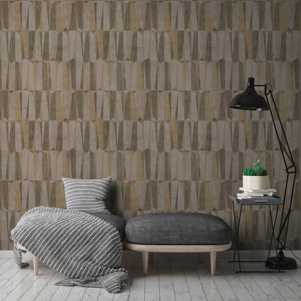 Non woven-tapet geometrisk Profhome 387433-GU lätt texturerad skimrande färg brun guld grå 5,33 m2