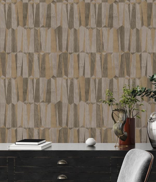 Non woven-tapet geometrisk Profhome 387433-GU lätt texturerad skimrande färg brun guld grå 5,33 m2