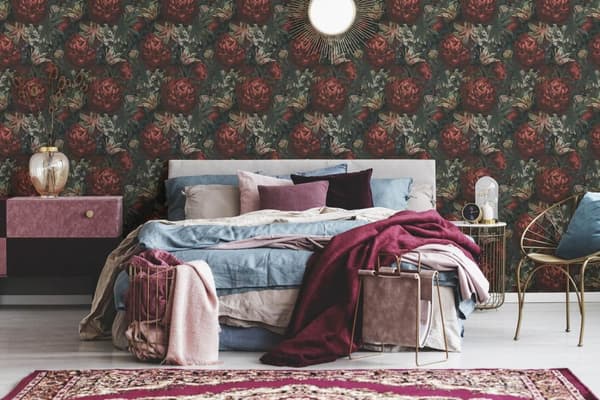 Non woven-tapet blomster Profhome 385091-GU slät matt färg röd grön svart beige 5,33 m2