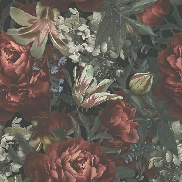 Non woven-tapet blomster Profhome 385091-GU slät matt färg röd grön svart beige 5,33 m2
