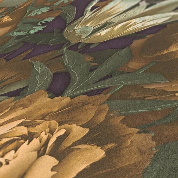 Non woven-tapet blomster Profhome 385092-GU slät matt färg gul grön violett grå 5,33 m2
