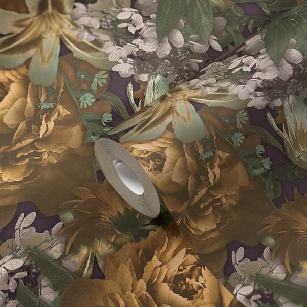 Non woven-tapet blomster Profhome 385092-GU slät matt färg gul grön violett grå 5,33 m2