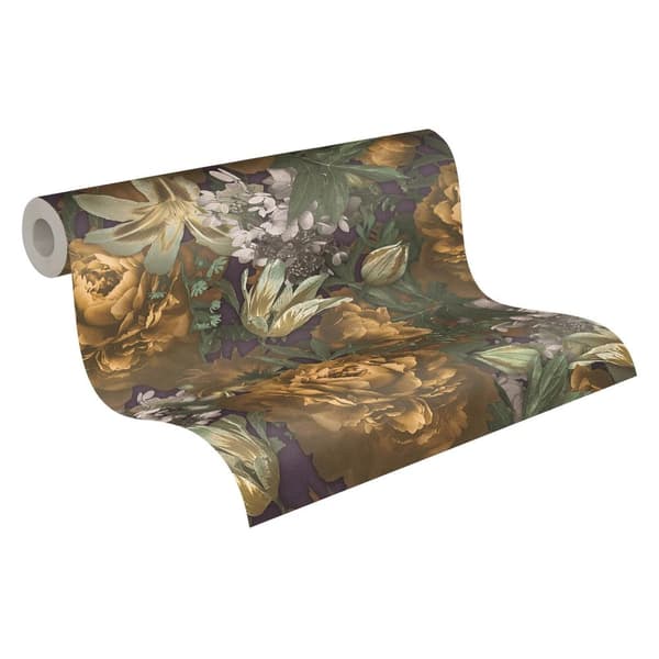 Non woven-tapet blomster Profhome 385092-GU slät matt färg gul grön violett grå 5,33 m2