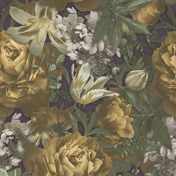 Non woven-tapet blomster Profhome 385092-GU slät matt färg gul grön violett grå 5,33 m2