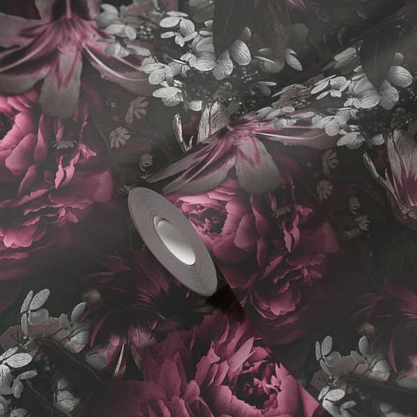 Non woven-tapet blomster Profhome 385094-GU slät matt färg violett svart rosa grå 5,33 m2