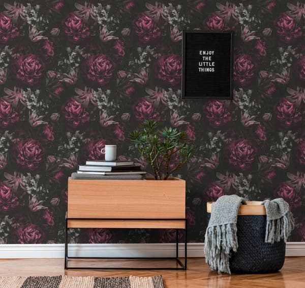 Non woven-tapet blomster Profhome 385094-GU slät matt färg violett svart rosa grå 5,33 m2