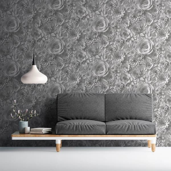 Non woven-tapet Blommig Profhome 387181-GU slät matt färg grå vit 5,33 m2