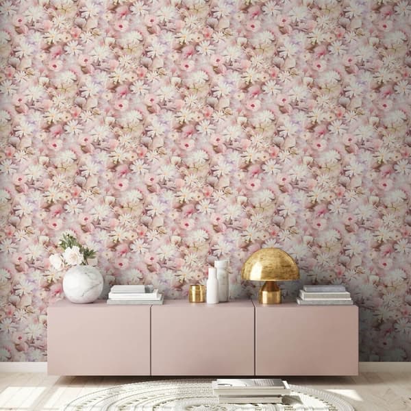 Ikke-vævet tapet blomster Profhome 387222-GU glat mat farve hvid lyserød grøn pastel gul 5,33 m2