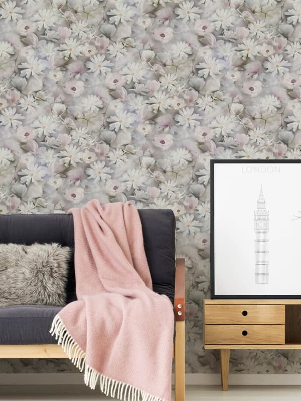 Non woven-tapet blomster Profhome 387223-GU slät matt färg vit grå grön pastell violett 5,33 m2