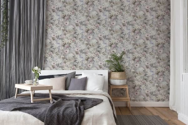 Non woven-tapet blomster Profhome 387223-GU slät matt färg vit grå grön pastell violett 5,33 m2