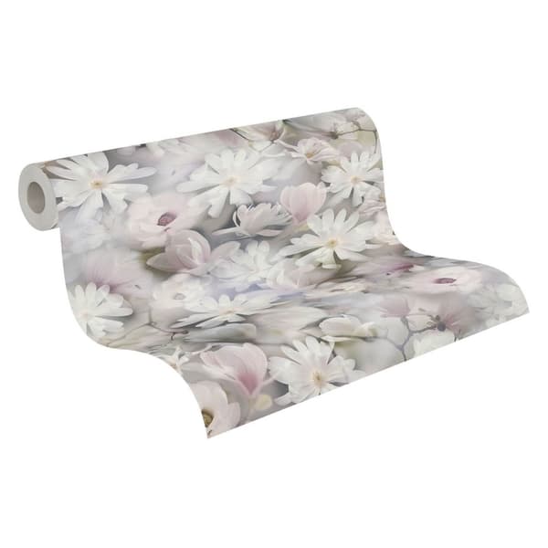 Non woven-tapet blomster Profhome 387223-GU slät matt färg vit grå grön pastell violett 5,33 m2