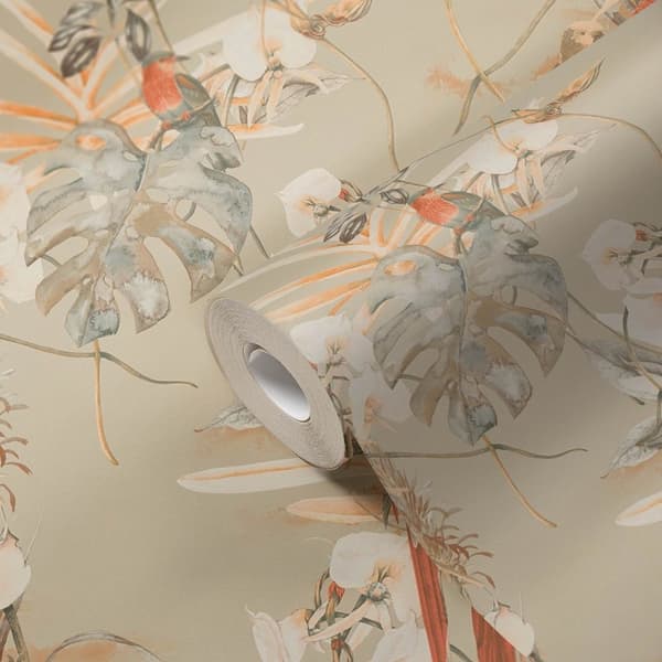 Non woven-tapet exotisk Profhome 387252-GU slät matt färg beige orange brun ljusgrön 5,33 m2