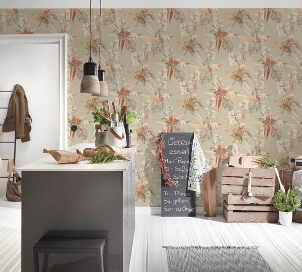 Non woven-tapet exotisk Profhome 387252-GU slät matt färg beige orange brun ljusgrön 5,33 m2