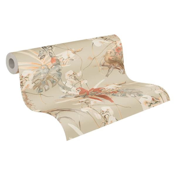 Non woven-tapet exotisk Profhome 387252-GU slät matt färg beige orange brun ljusgrön 5,33 m2