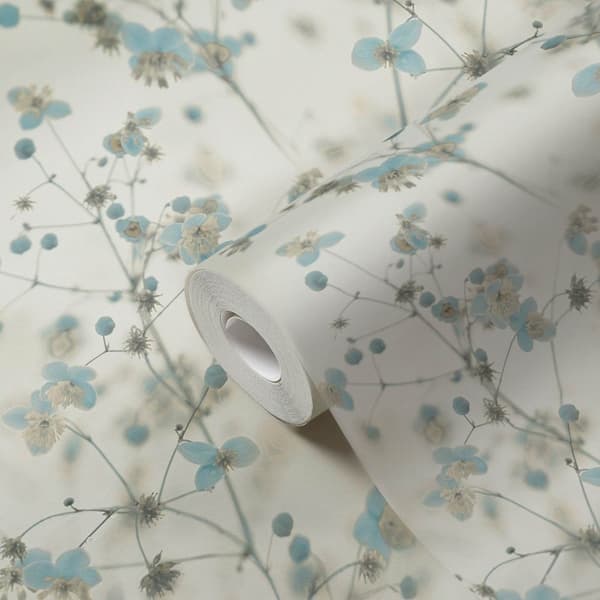 Ikke-vævet tapet blomster Profhome 387262-GU glat mat farve blå  lysegrå creme 5,33 m2