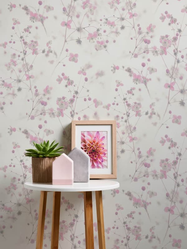 Ikke-vævet tapet blomster Profhome 387264-GU glat mat farve lyserød hvid grå 5,33 m2