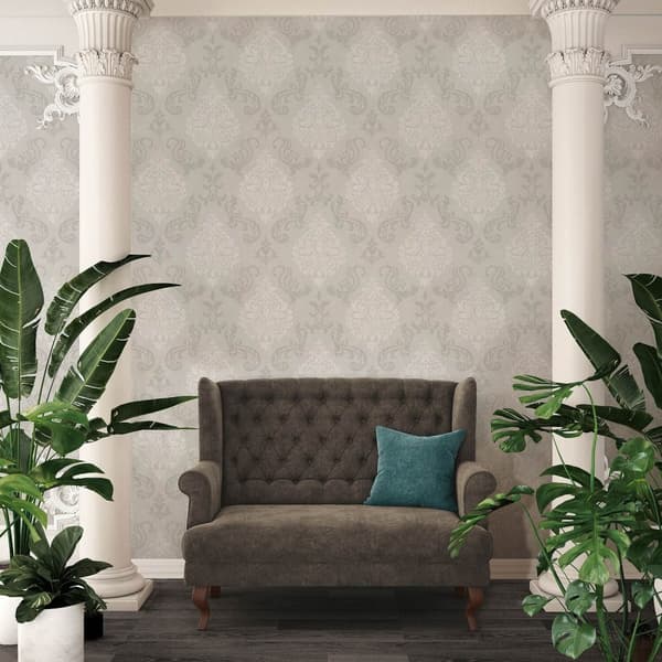 Non woven-tapet ornament Profhome 953721-GU lätt texturerad skimrande mönster matt bakgrund färg grå vit silver grå 5,33 m2