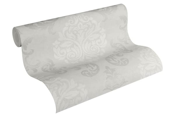 Non woven-tapet ornament Profhome 953721-GU lätt texturerad skimrande mönster matt bakgrund färg grå vit silver grå 5,33 m2