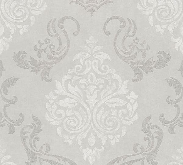 Non woven-tapet ornament Profhome 953721-GU lätt texturerad skimrande mönster matt bakgrund färg grå vit silver grå 5,33 m2