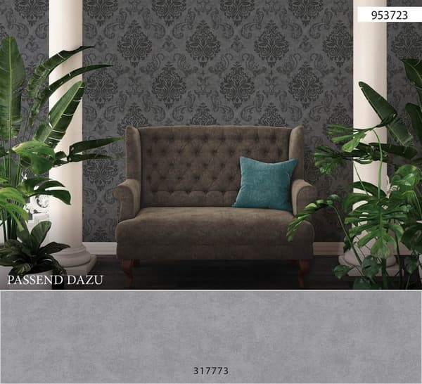 Non woven-tapet ornament Profhome 953723-GU lätt texturerad skimrande mönster matt bakgrund färg antracit grafit svart grå 5,33 m2