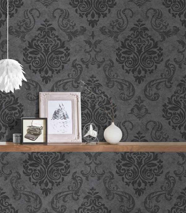 Non woven-tapet ornament Profhome 953723-GU lätt texturerad skimrande mönster matt bakgrund färg antracit grafit svart grå 5,33 m2