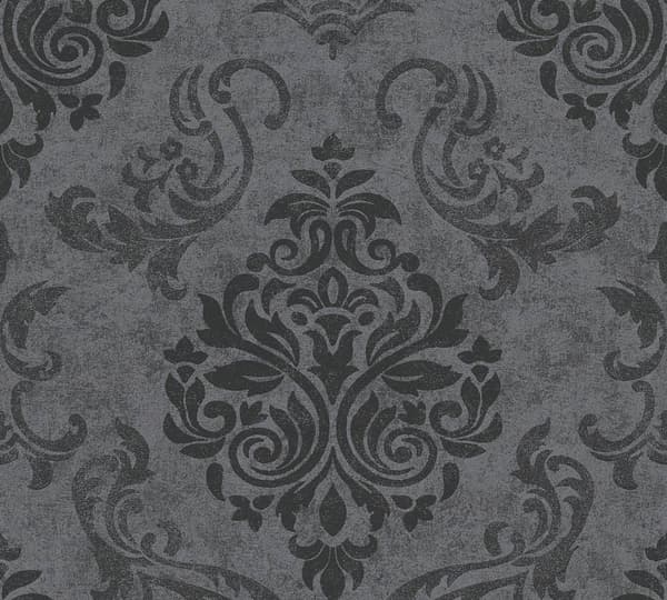 Non woven-tapet ornament Profhome 953723-GU lätt texturerad skimrande mönster matt bakgrund färg antracit grafit svart grå 5,33 m2
