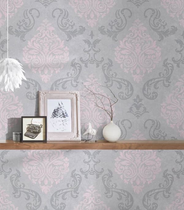 Non woven-tapet ornament Profhome 953726-GU lätt texturerad skimrande mönster matt bakgrund färg grå silver rosa 5,33 m2