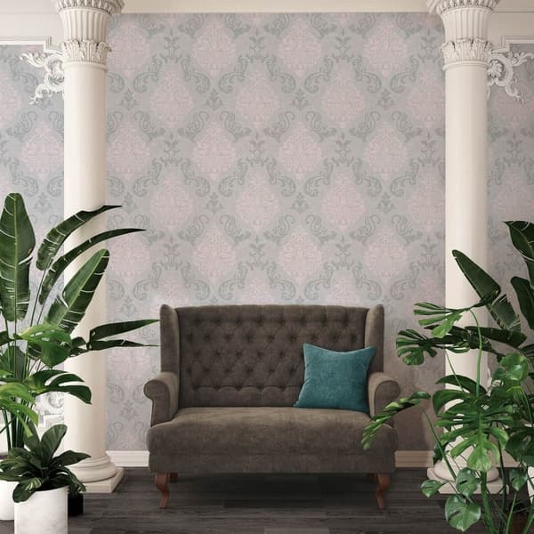 Non woven-tapet ornament Profhome 953726-GU lätt texturerad skimrande mönster matt bakgrund färg grå silver rosa 5,33 m2