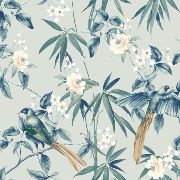 Arthouse Oriental Floral Birds Wallpaper Grey/Blue 10m x 53cm