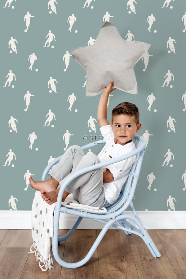 ESTAhome tapet fotbollsspelare vintage gråblått 0.53 x 10.05 m