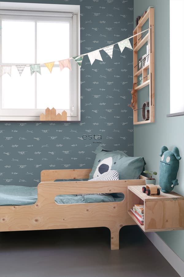 ESTAhome tapet flygplan och helikoptrar vintage gråblått 53 cm x 10,05 m