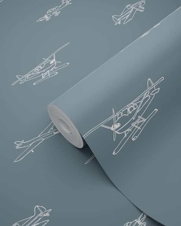 ESTAhome tapet flygplan och helikoptrar vintage gråblått 53 cm x 10,05 m