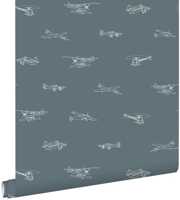 ESTAhome tapet flygplan och helikoptrar vintage gråblått 53 cm x 10,05 m