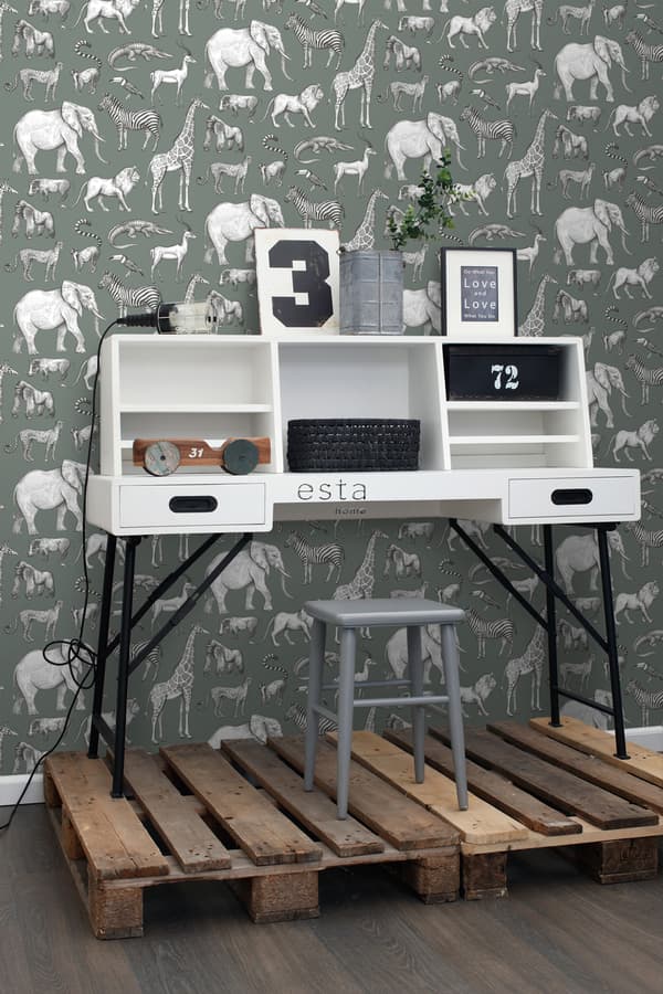 ESTAhome tapet djungeldjur grågrönt 53 cm x 10,05 m