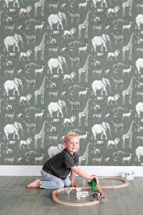 ESTAhome tapet djungeldjur grågrönt 53 cm x 10,05 m