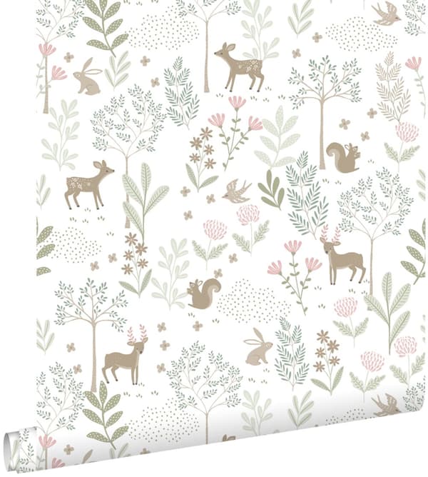 ESTAhome tapet skog med skogsdjur grönt och rosa 53 cm x 10,05 m