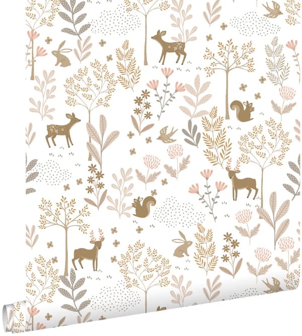 ESTAhome tapet skog med skogsdjur terrakotta rosa och beige 53 cm x 10,05 m