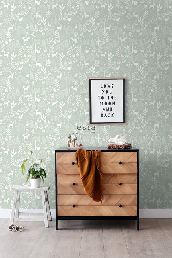 ESTAhome tapet skov med skovdyr mintgrønt 53 cm x 10,05 m