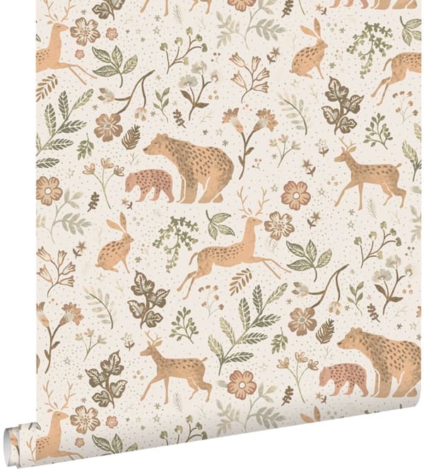ESTAhome tapet skov med skovdyr off-hvidt og beige 53 cm x 10,05 m