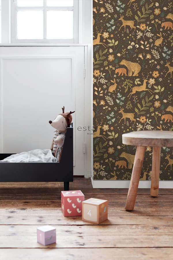 ESTAhome tapet skov med skovdyr brunt og beige 53 cm x 10,05 m