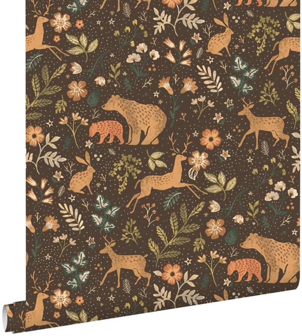 ESTAhome tapet skov med skovdyr brunt og beige 53 cm x 10,05 m
